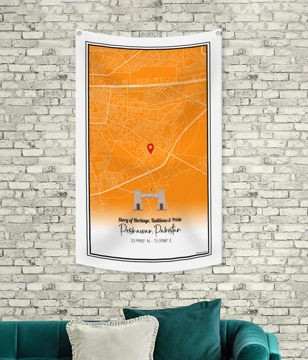 Custom Minimalist Peshawar Map Wall Tapestry