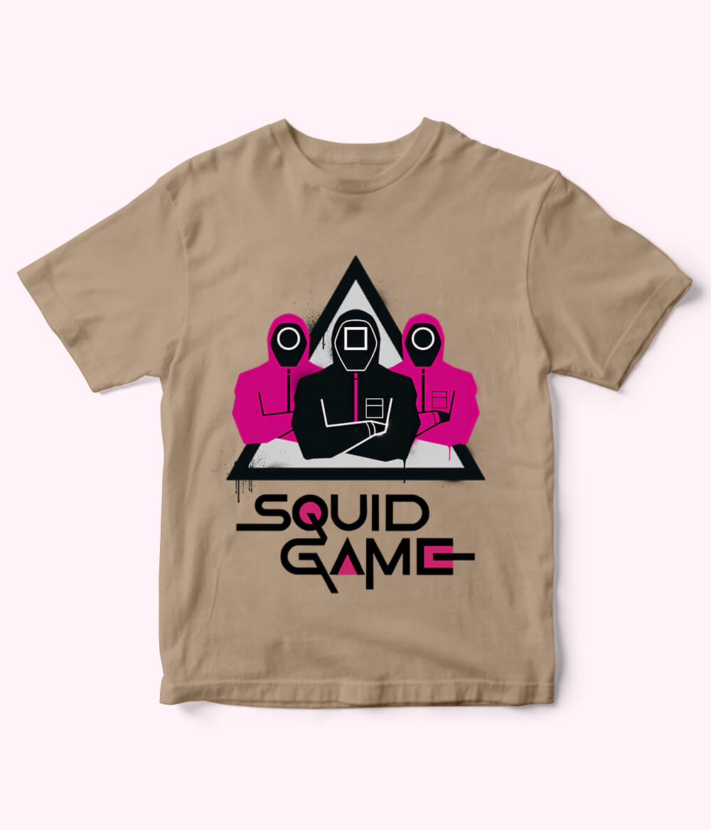 Beige Cartoon Squid Game Tee for Boys & Girls