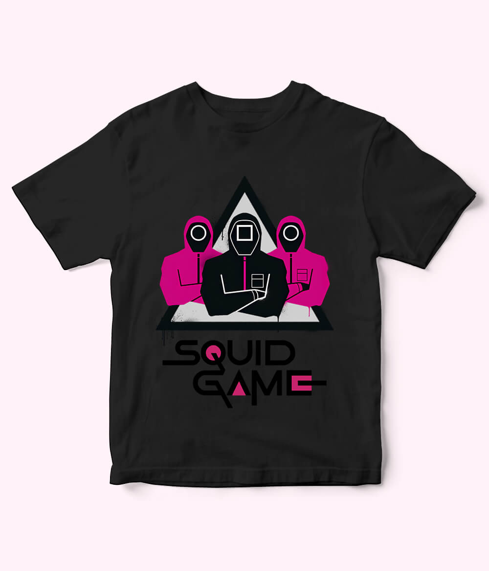 Black Cartoon Squid Game Tee for Boys & Girls