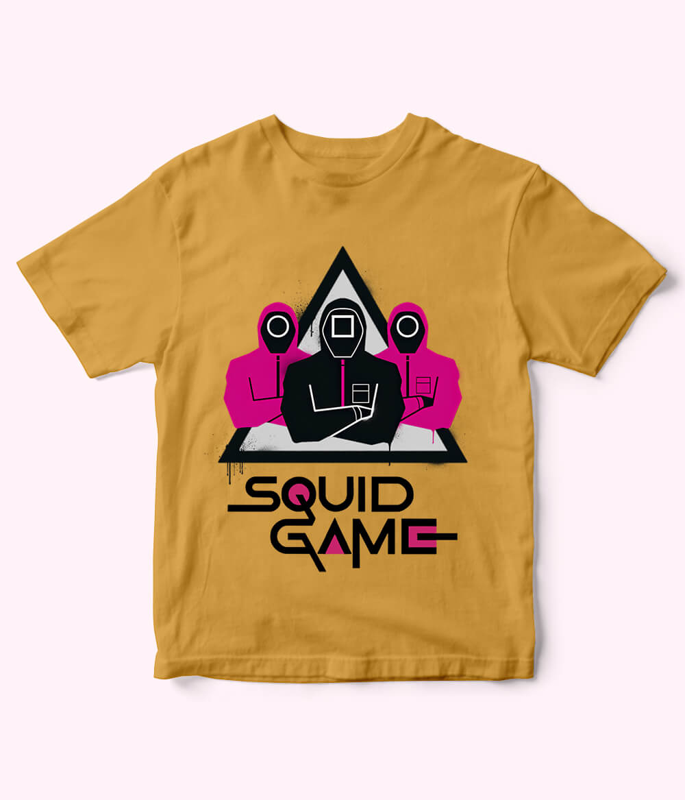 Mustard Cartoon Squid Game Tee for Boys & Girls