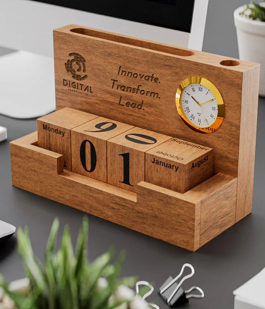 Custom Wooden Tabletop Calendar With Clock