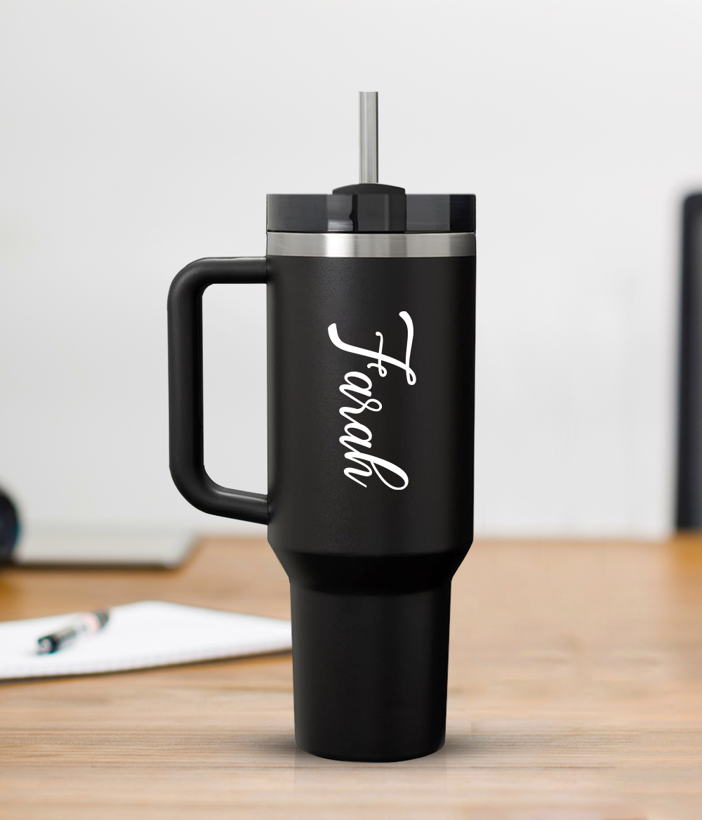 Black Custom Tumbler with Name or Logo and Straw