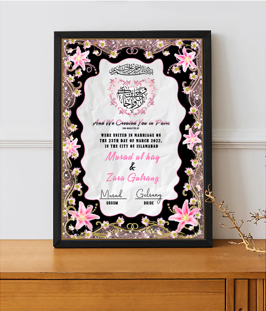 Customized Nikah Certificate for Couple With Frame