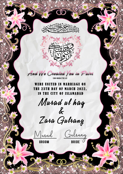 Customized Nikah Certificate for Couple With Frame