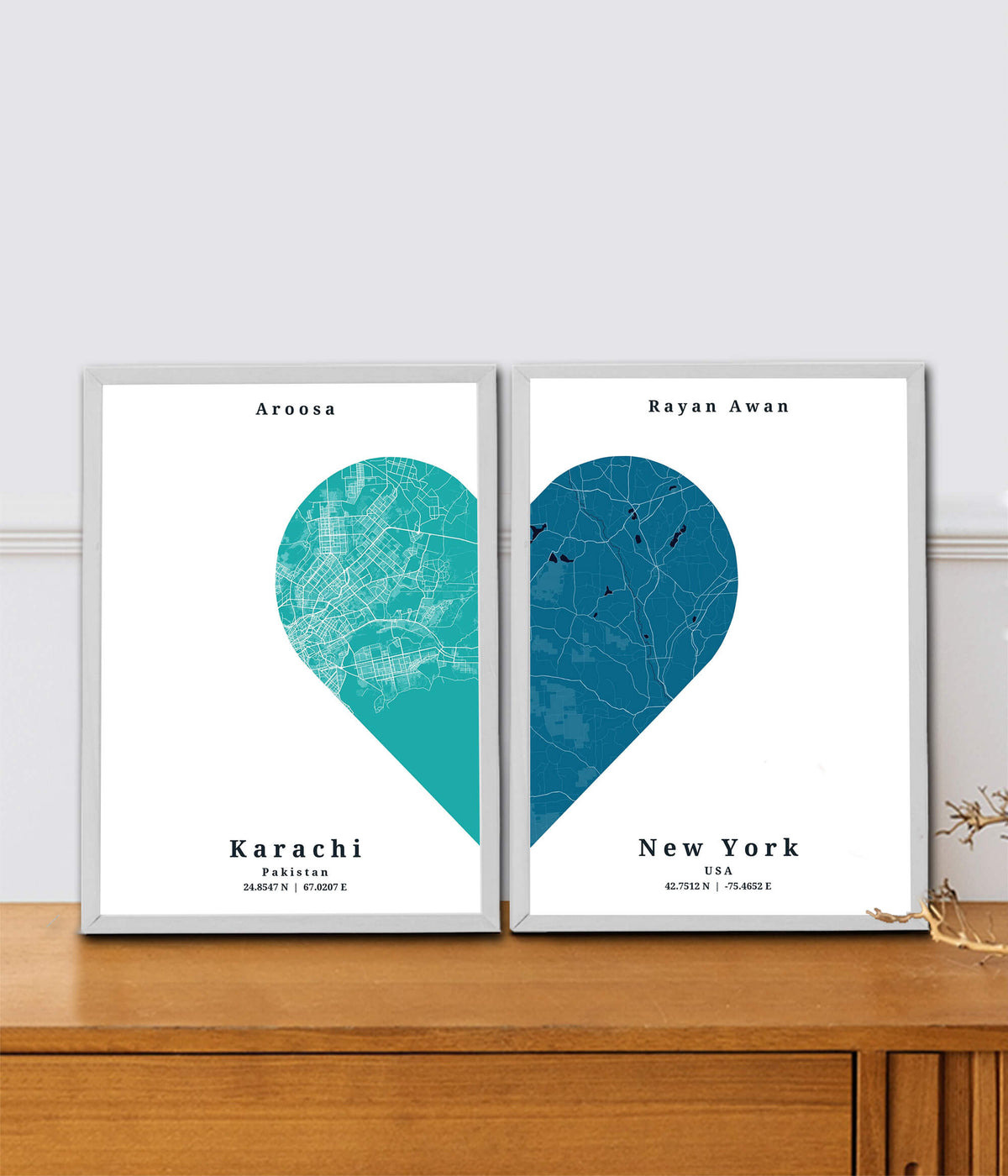 Heart Map Frame Dual Heart City Map Frames | Custom City Map