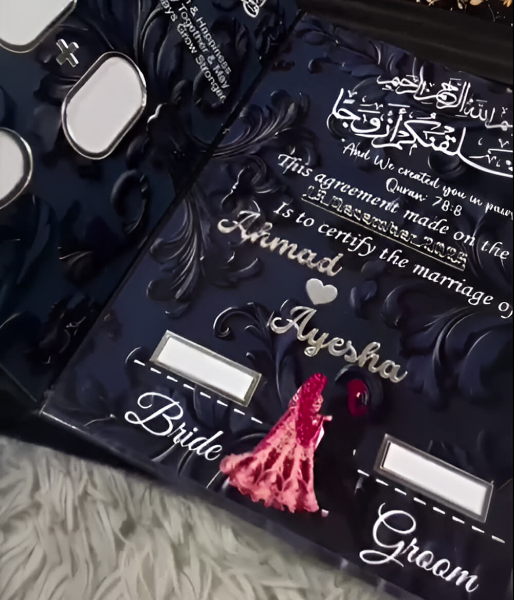 Luxury Islamic Wedding Acrylic Nikkah Certificate Front Page