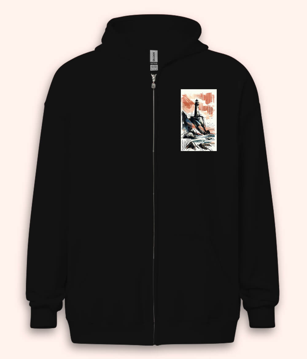 Ocean Beach Lighthouse Zipper Hoodie (Unisex)
