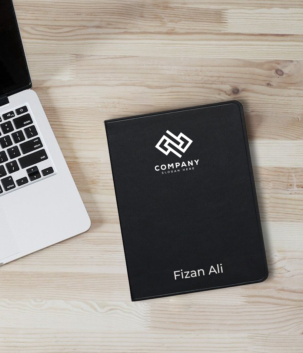 Black Diary with Company Name and Logo