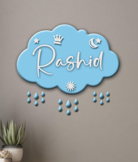 Raining Cloud Shaped Baby Boy Name Hanging Sign Blue