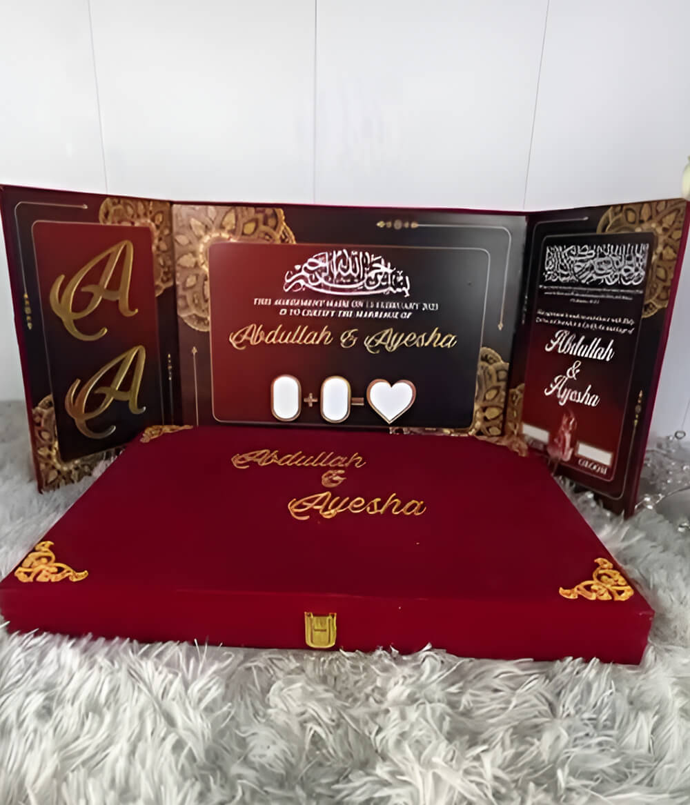 Three Fold Acrylic Nikah Booklet with Premium Velvet Box