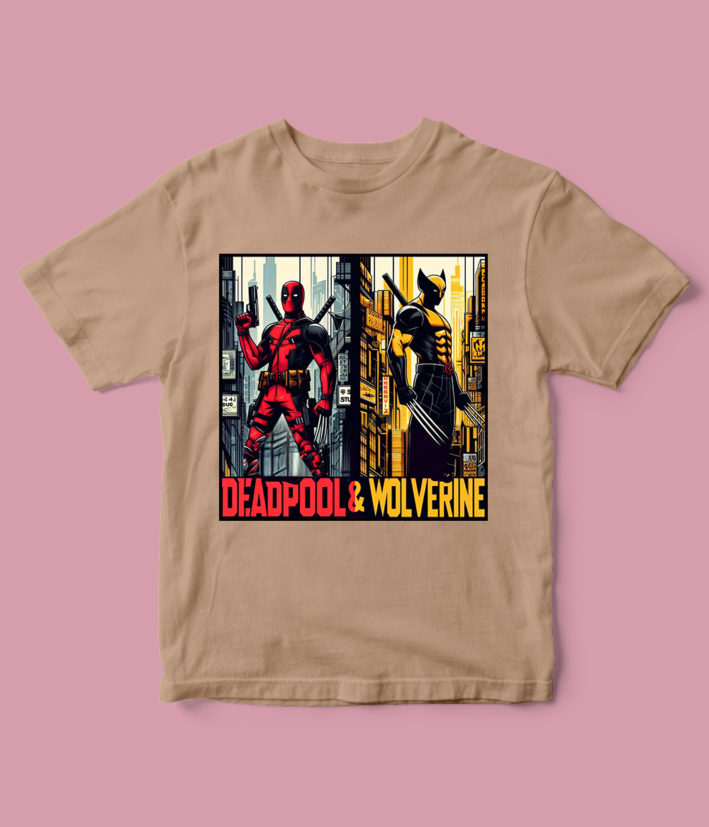 beige Deadpool and Wolverine T-Shirt for Boys