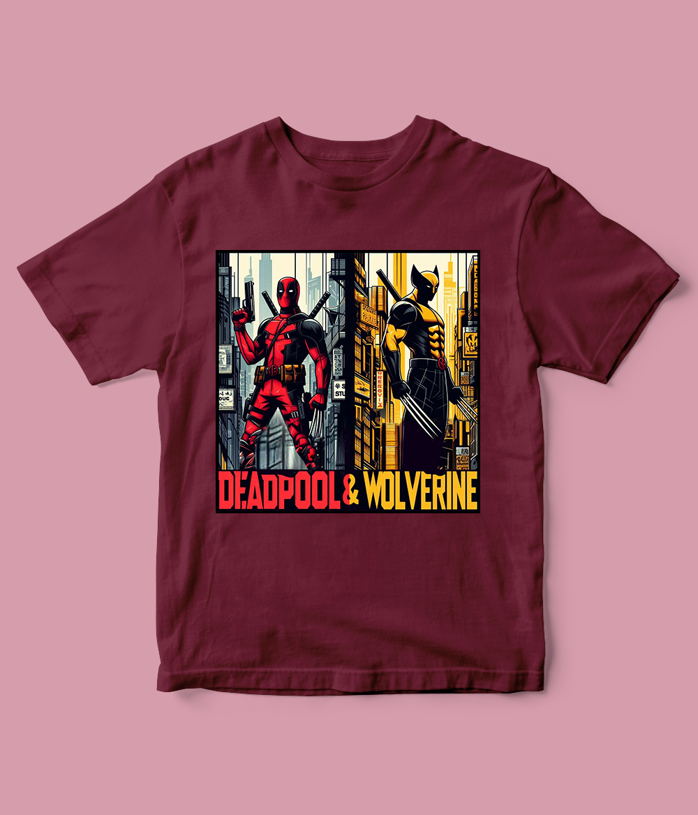 maroon Deadpool and Wolverine T-Shirt for Boys