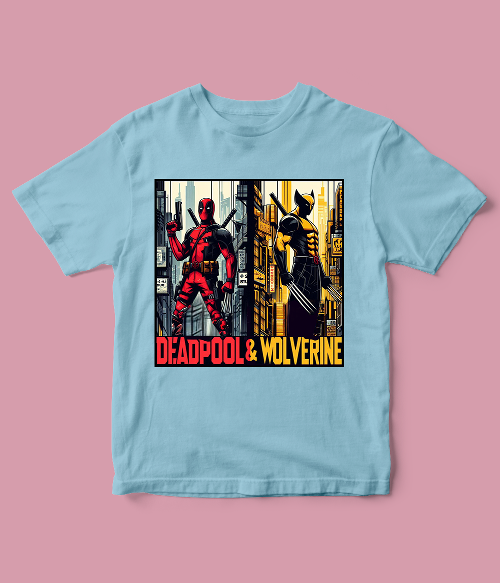 Sky Blue Deadpool and Wolverine T-Shirt for Boys